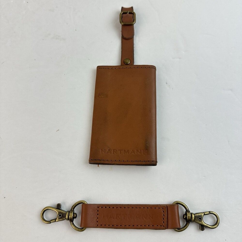 Hartmann Tan Leather Luggage ID Tag Double Snap Closure & Key Clip Strap